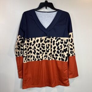 Cheetah Print Long Sleeve Vneck Shirt Women's Small Fall Fashion Blue And Orange